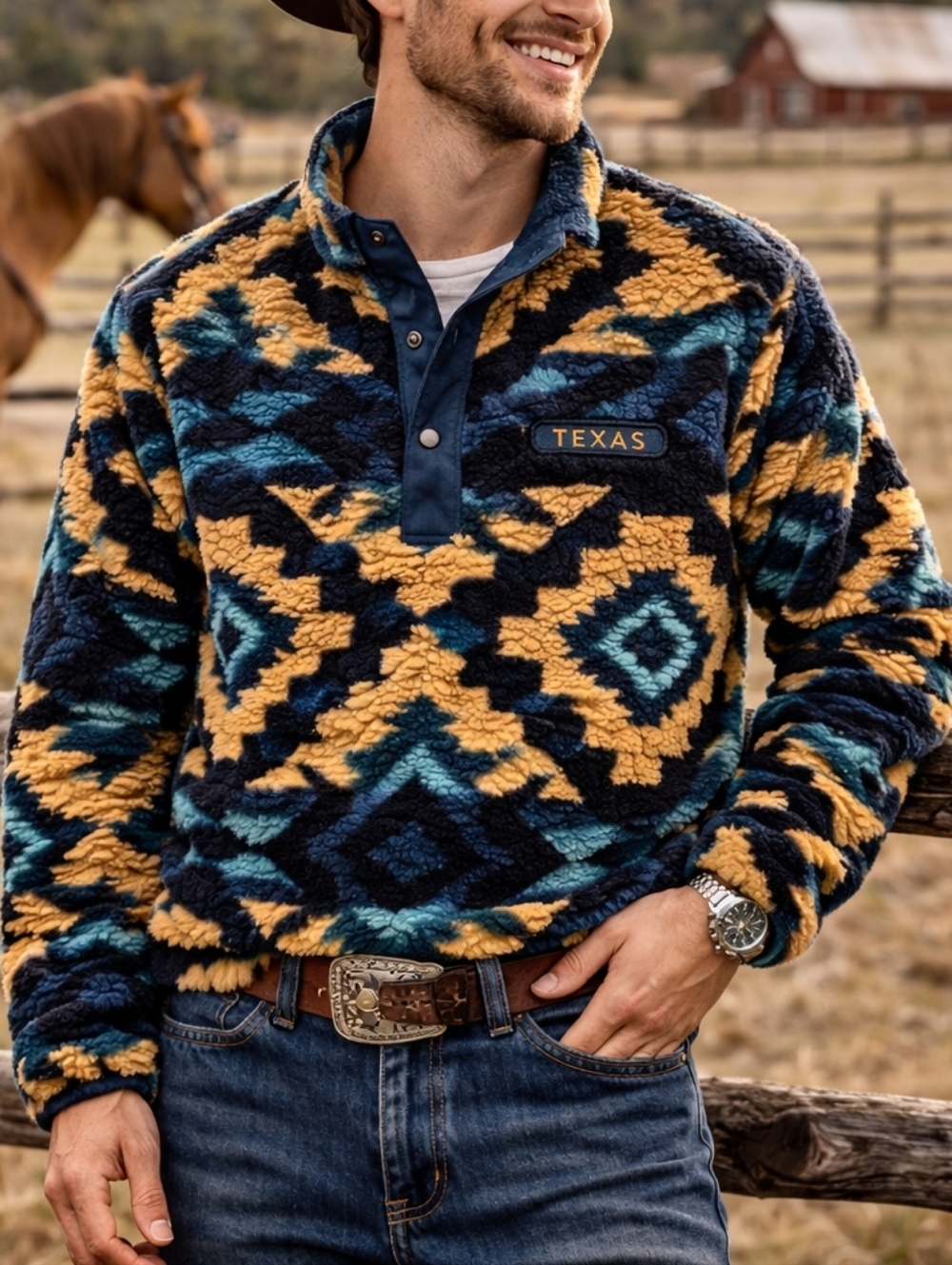 Texas Patch Pullover Sherpa Sweater Aztec Southwest Print Size Small